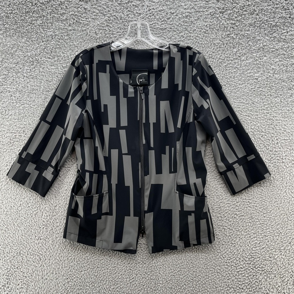 Porto San Francisco Jacket Womens 10 Black Gray Geo Print Art Made Italy Zip Top